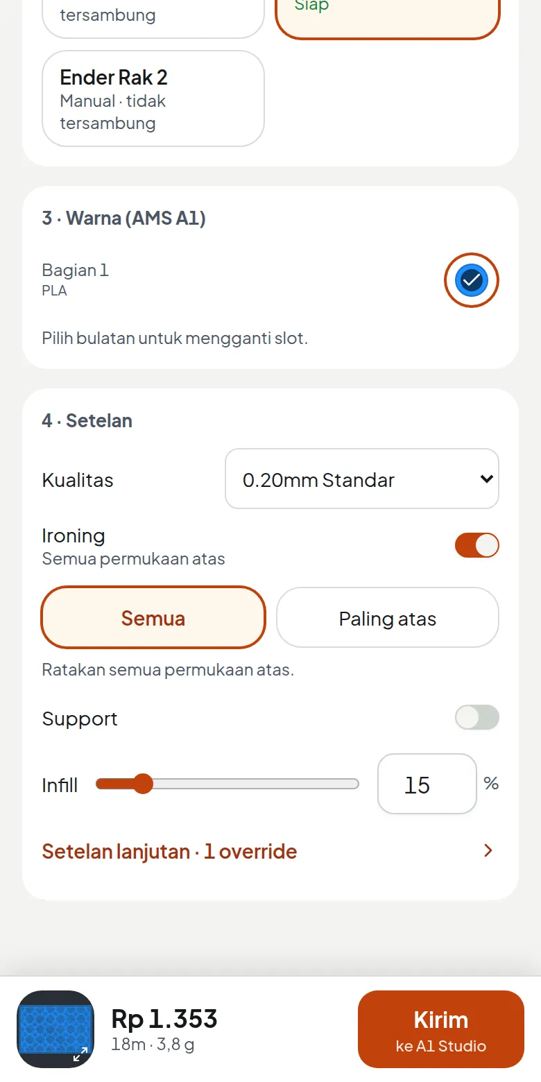 Print page on a phone: AMS colors, quality, ironing, support, and infill settings, and a bottom bar with the cost and a Send to printer button