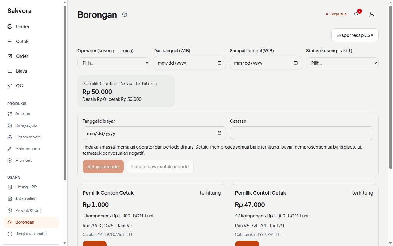 Halaman Borongan dengan hak operator per periode