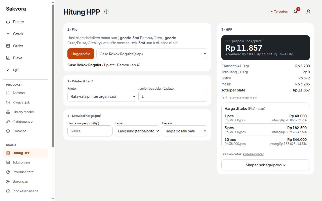 Halaman Hitung HPP dengan hasil per pcs