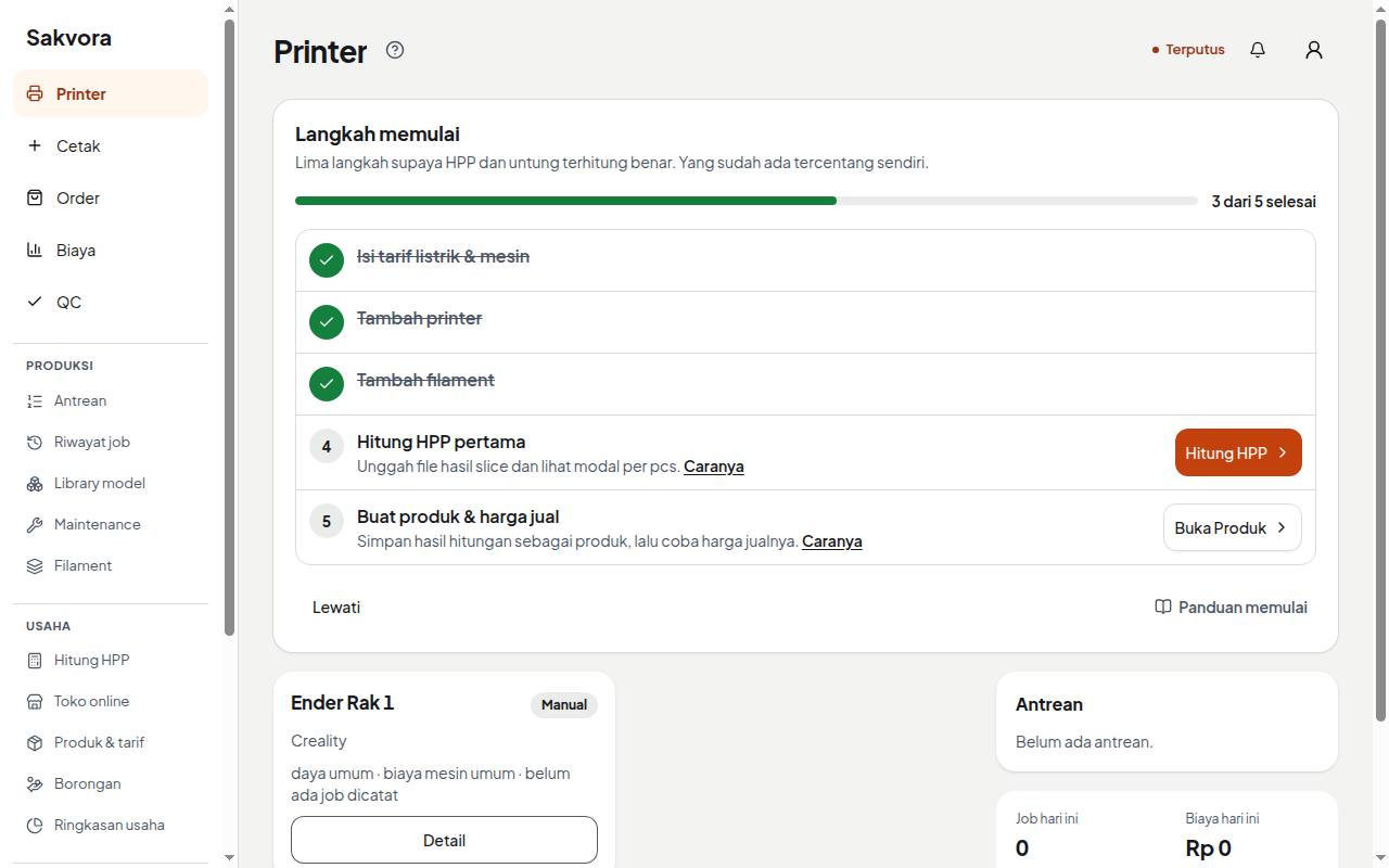 Kartu langkah memulai di halaman Printer