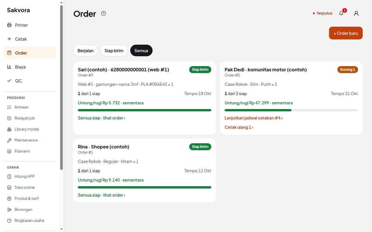 Kartu order dengan untung sementara