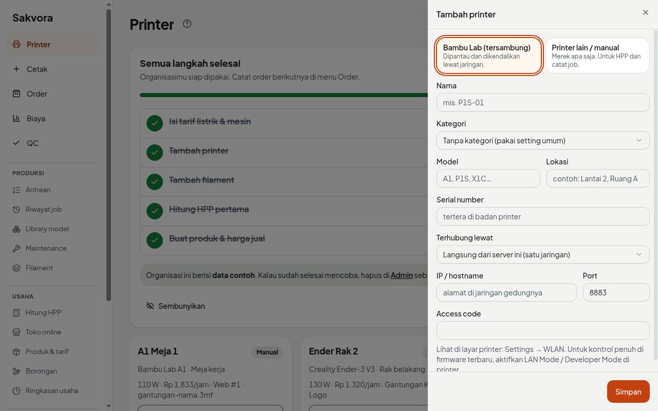 Kartu printer Bambu yang tersambung di halaman Printer