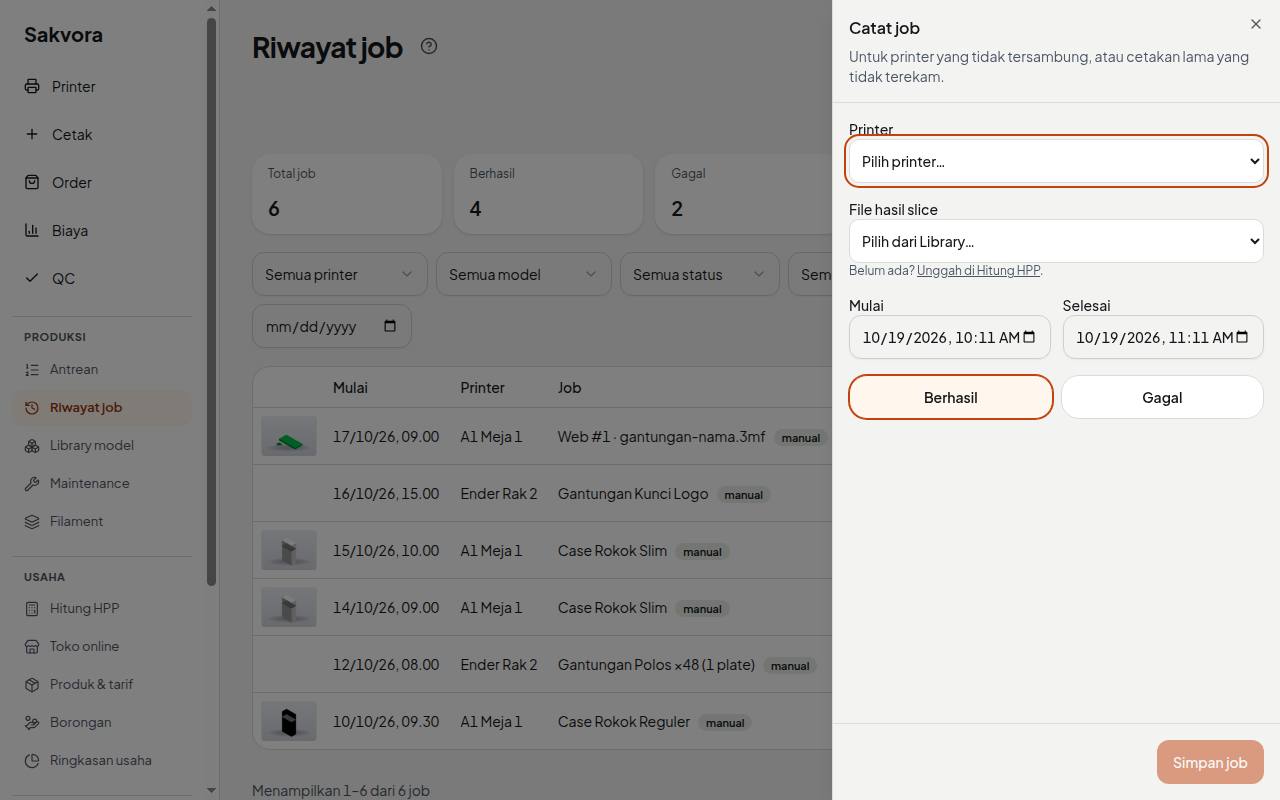 Lembar Catat job untuk printer manual