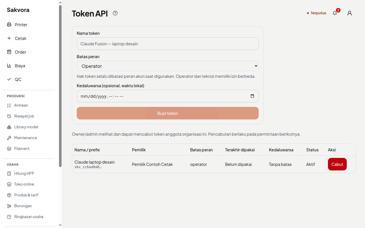 Halaman Token API dengan perintah pemasangan