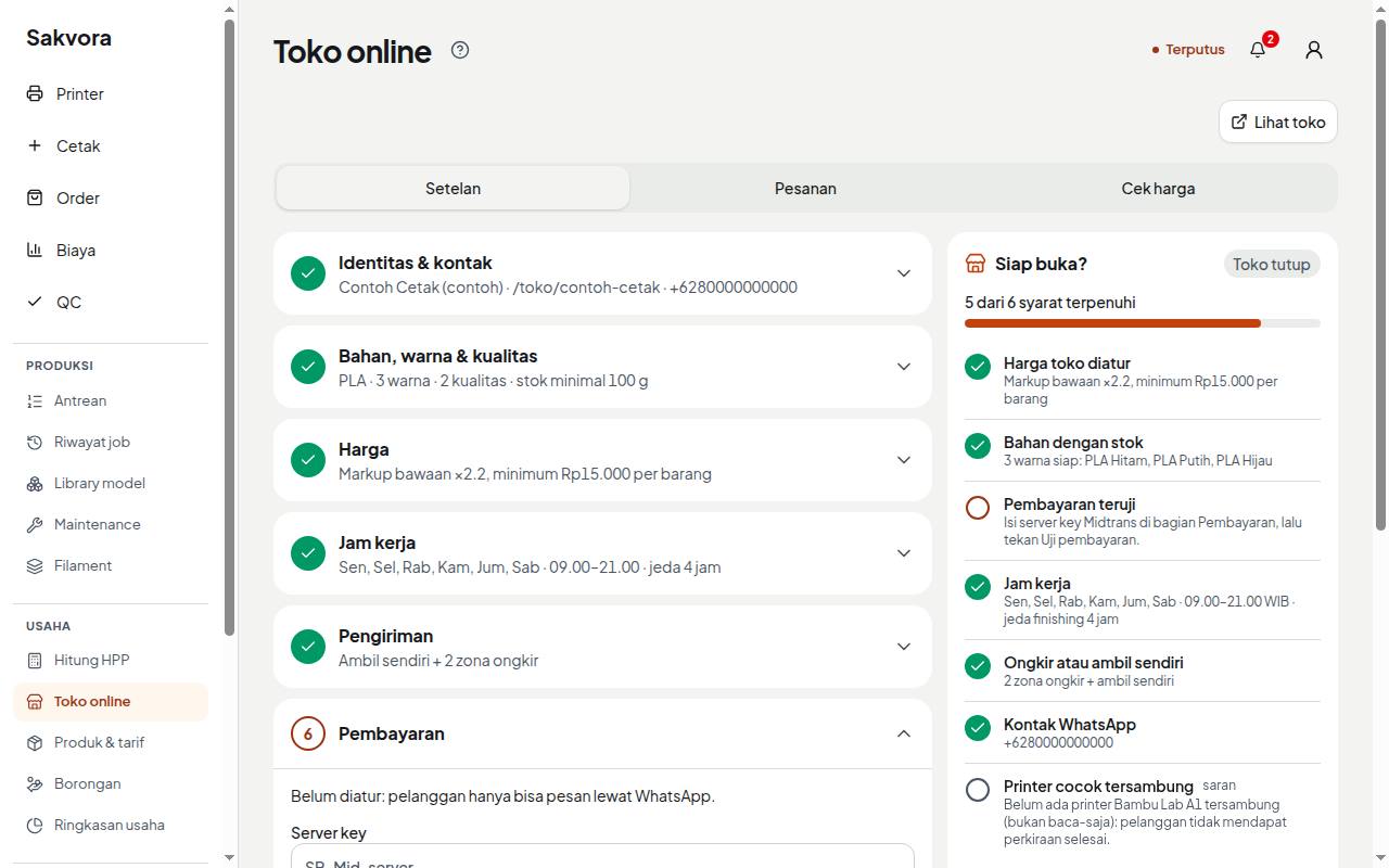 Halaman Toko online dengan daftar Siap buka